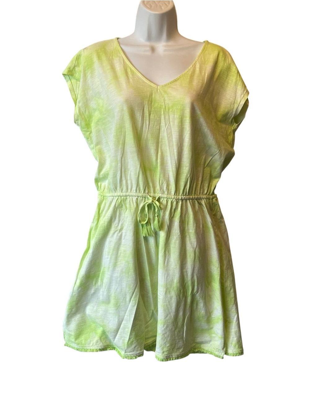 Loft tie dye mini T shirt dress Small Green V-neck Short cap sleeves Tassel tied